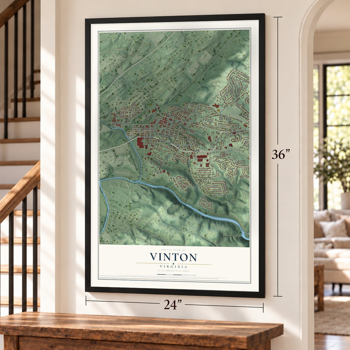 Vinton, Virginia map, 24 x 36 inch print in a black frame by a staircase