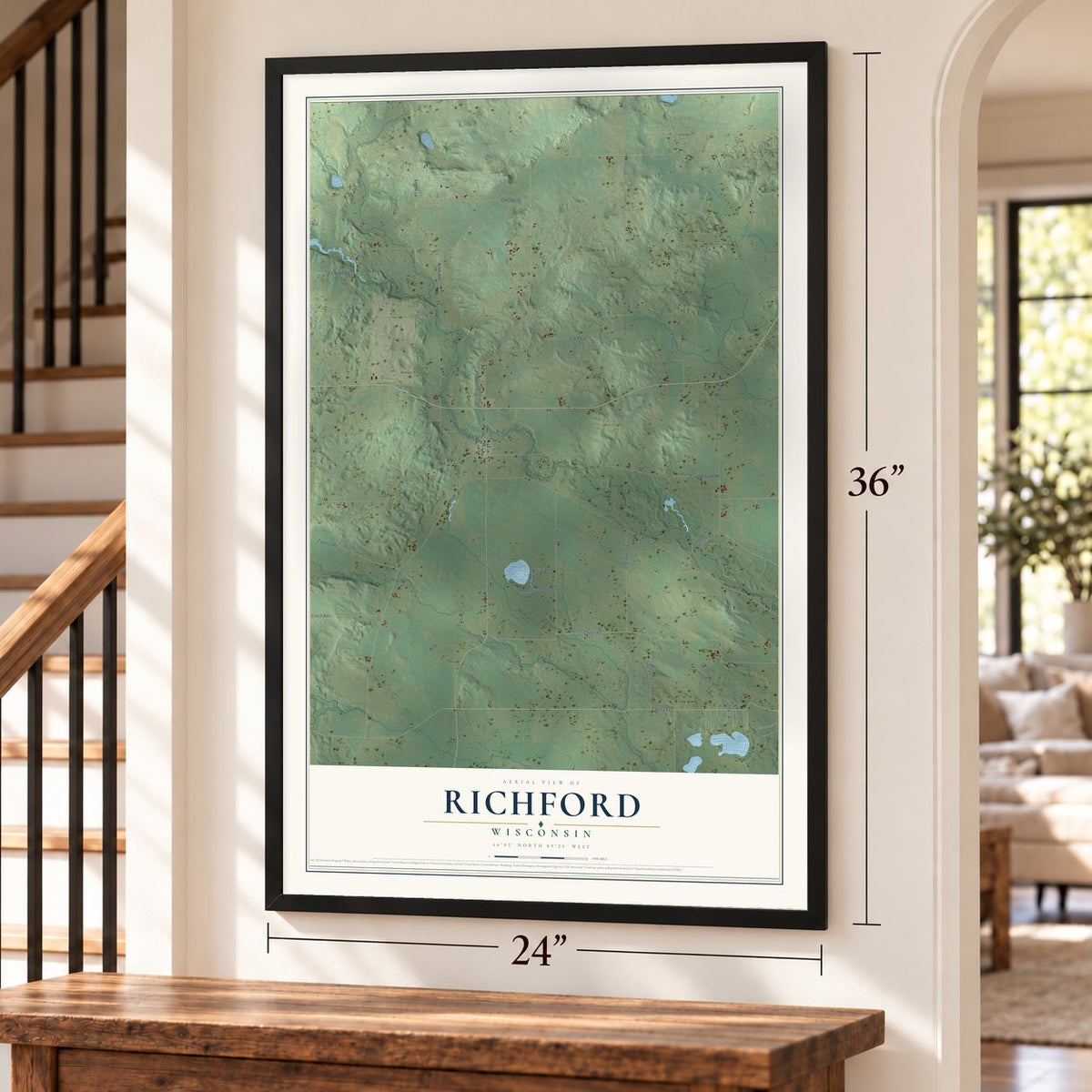 Richford, Wisconsin map, 24 x 36 inch print in a black frame by a staircase