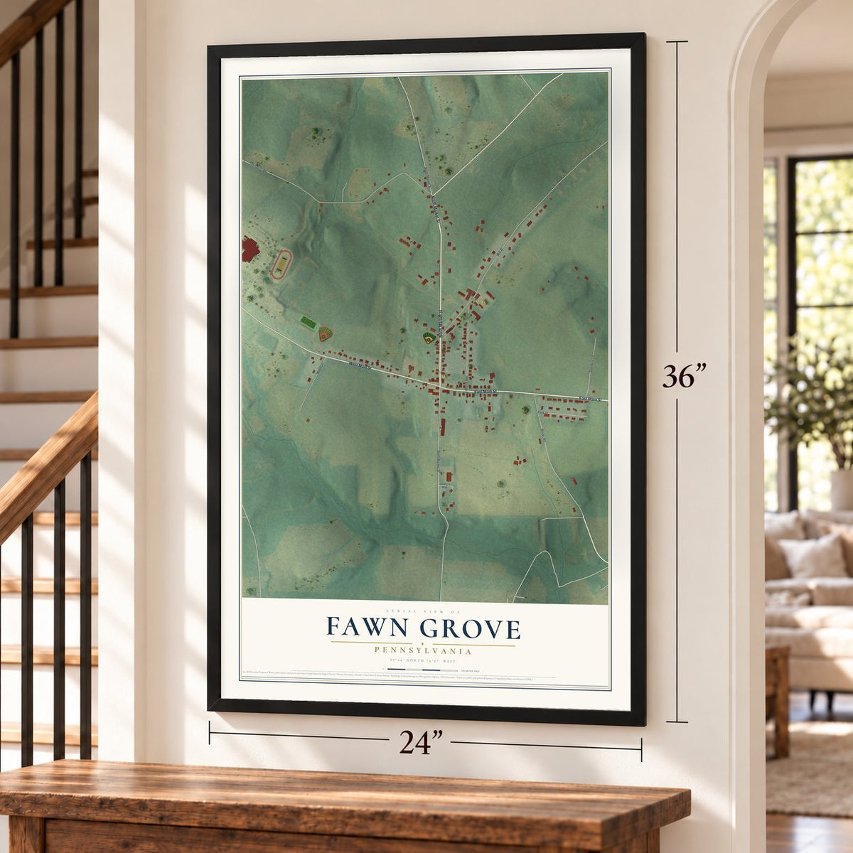 Fawn Grove, Pennsylvania map, 24 x 36 inch print in a black frame by a staircase