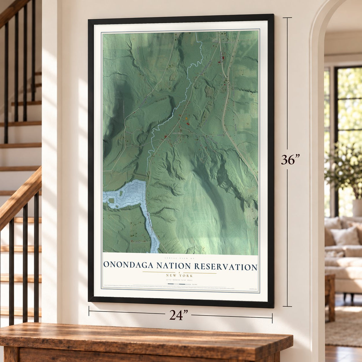 Onondaga Nation Reservation, New York map, 24 x 36 inch print in a black frame by a staircase