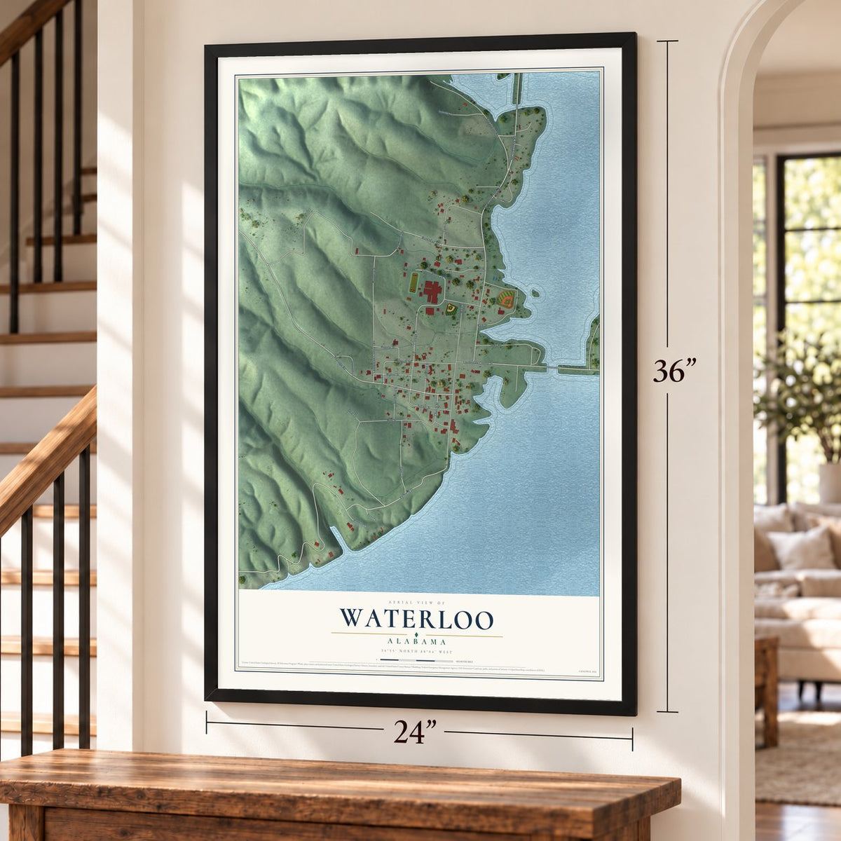 Waterloo, Alabama map, 24 x 36 inch print in a black frame by a staircase