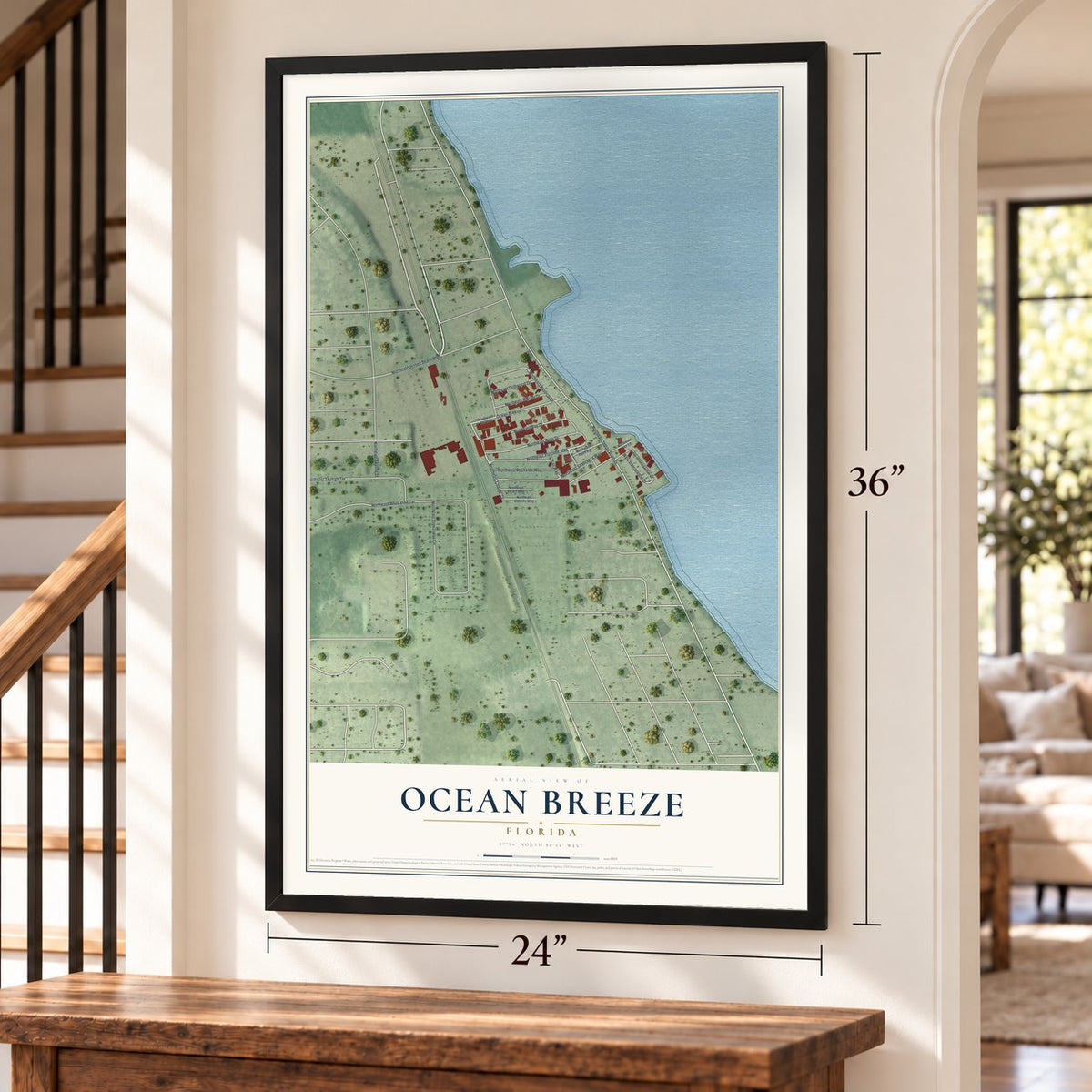 Ocean Breeze, Florida map, 24 x 36 inch print in a black frame by a staircase