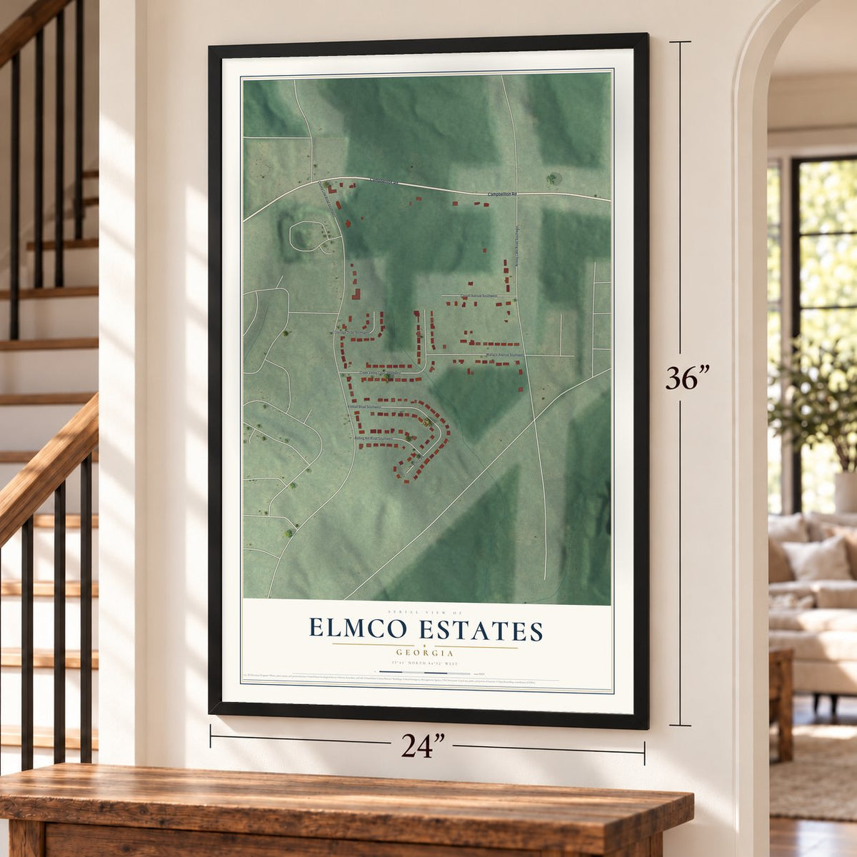 Elmco Estates, Georgia map, 24 x 36 inch print in a black frame by a staircase