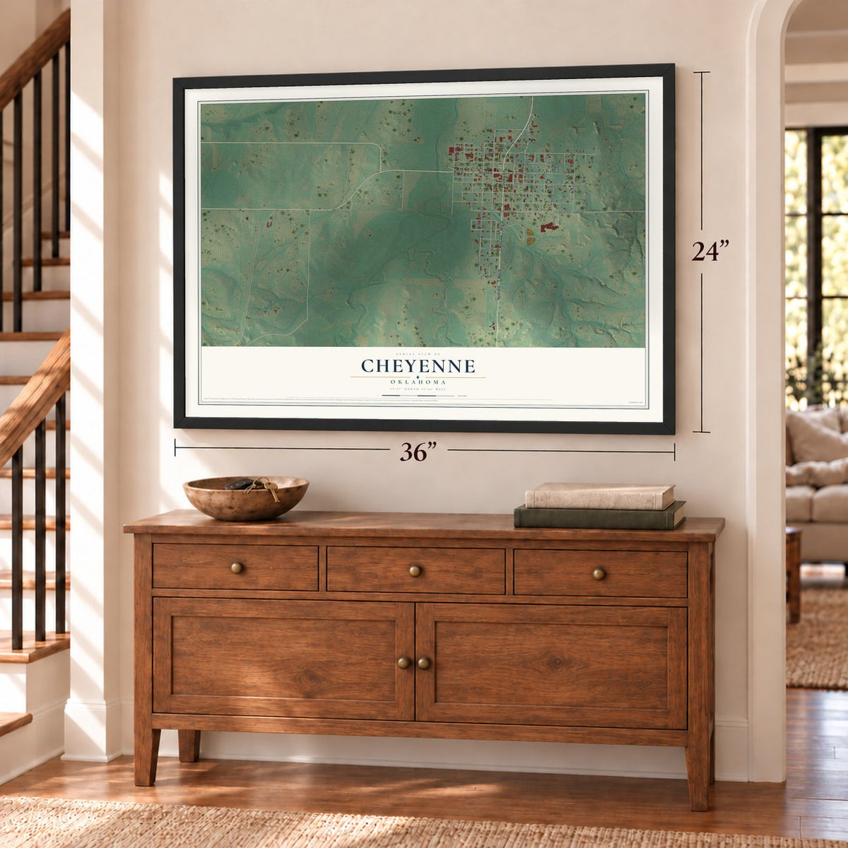 Cheyenne, Oklahoma map, 24 x 36 inch print in a black frame above a dresser by a staircase