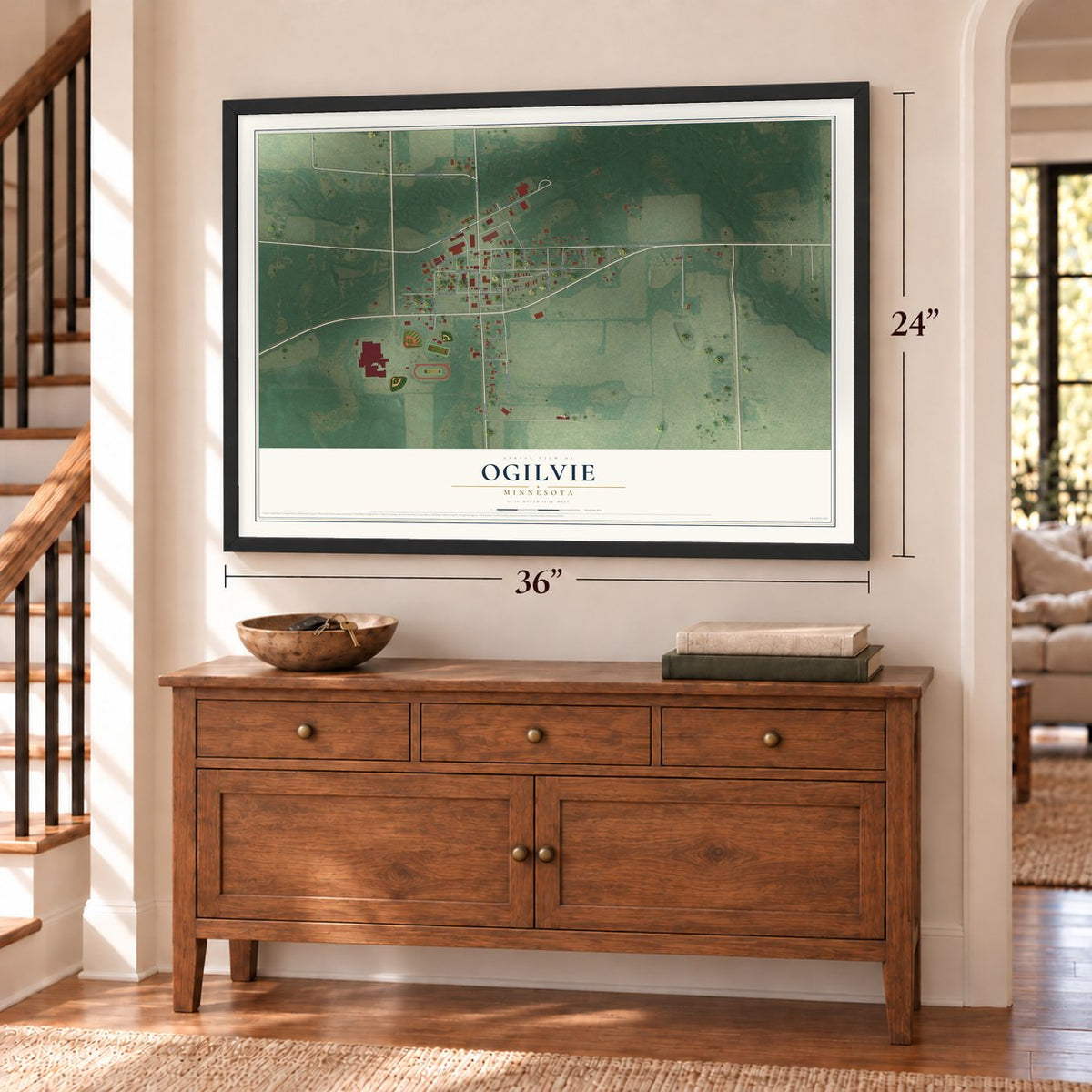 Ogilvie, Minnesota map, 24 x 36 inch print in a black frame above a dresser by a staircase