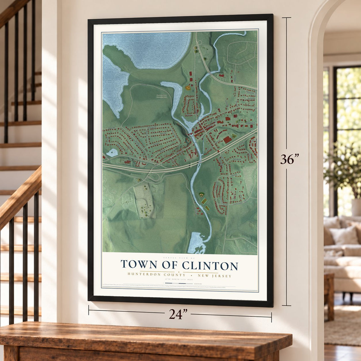 Town of Clinton, Hunterdon County, New Jersey map, 24 x 36 inch print in a black frame by a staircase