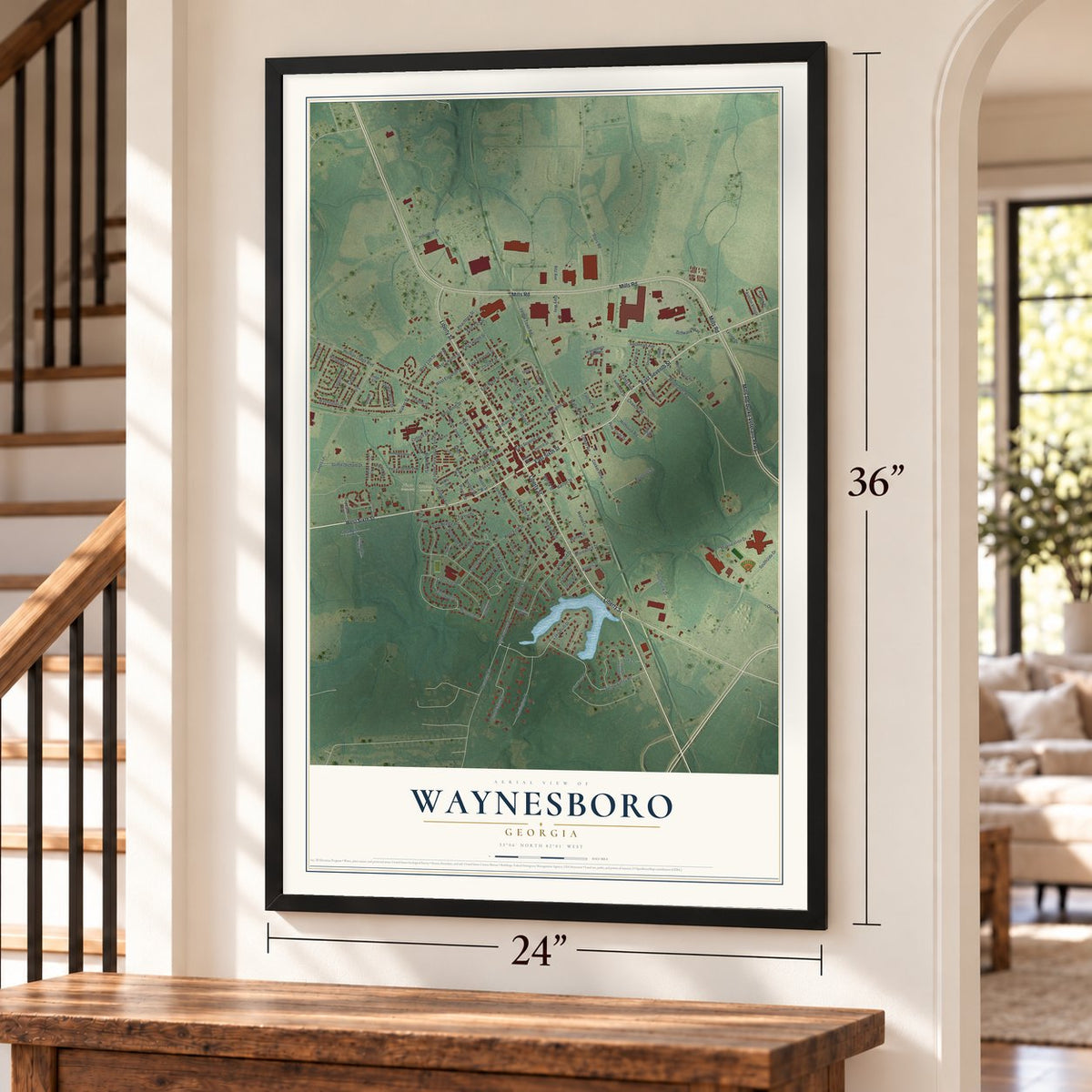 Waynesboro, Georgia map, 24 x 36 inch print in a black frame by a staircase
