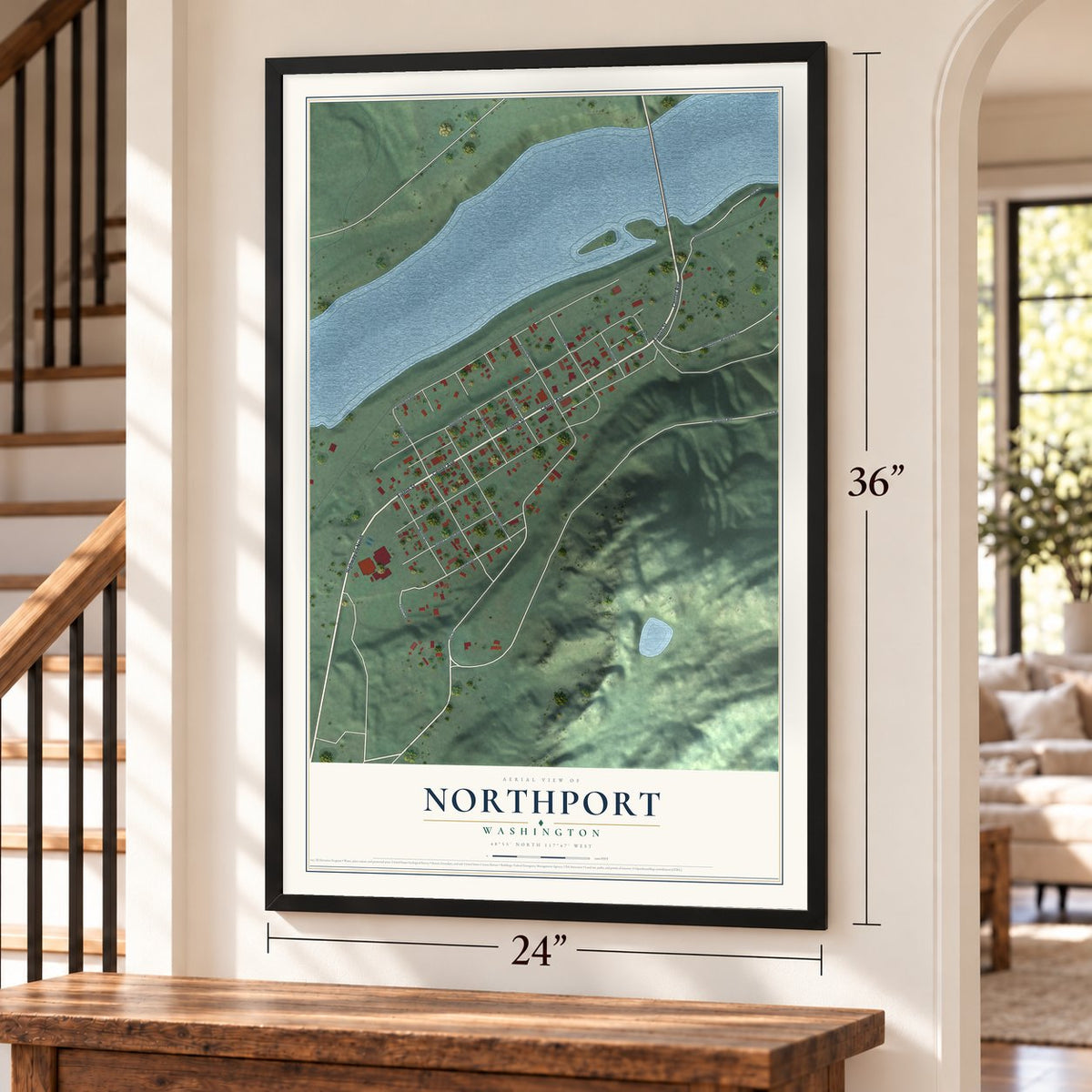 Northport, Washington map, 24 x 36 inch print in a black frame by a staircase