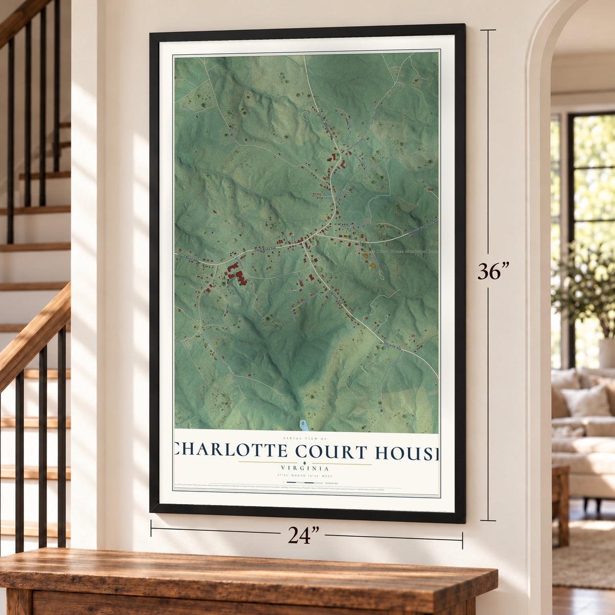 Charlotte Court House, Virginia map, 24 x 36 inch print in a black frame by a staircase