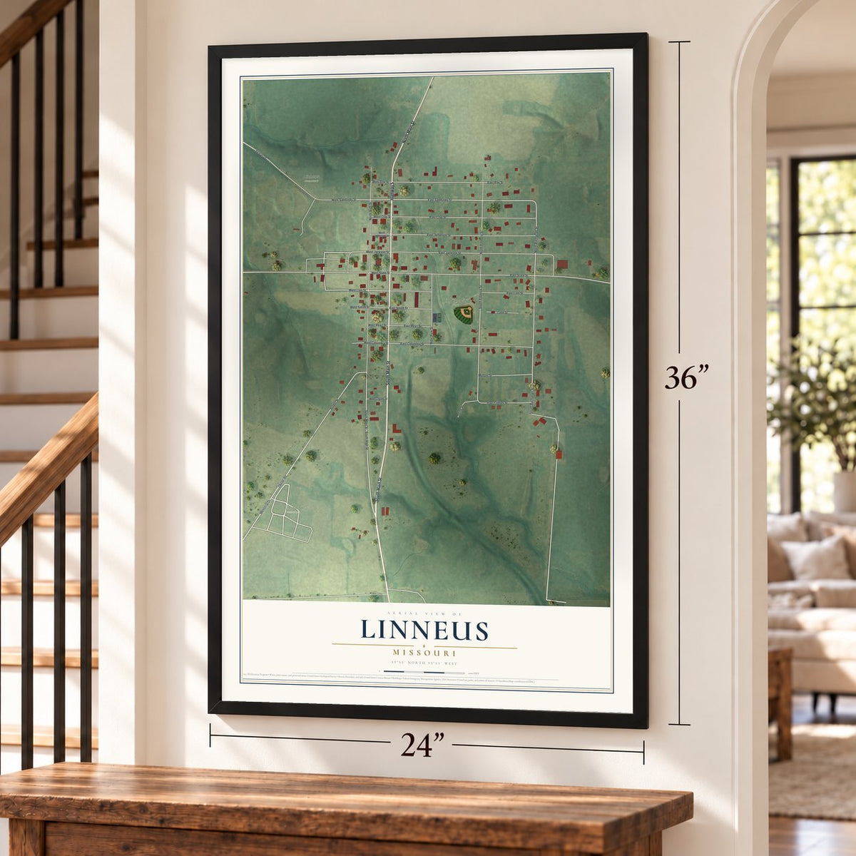 Linneus, Missouri map, 24 x 36 inch print in a black frame by a staircase
