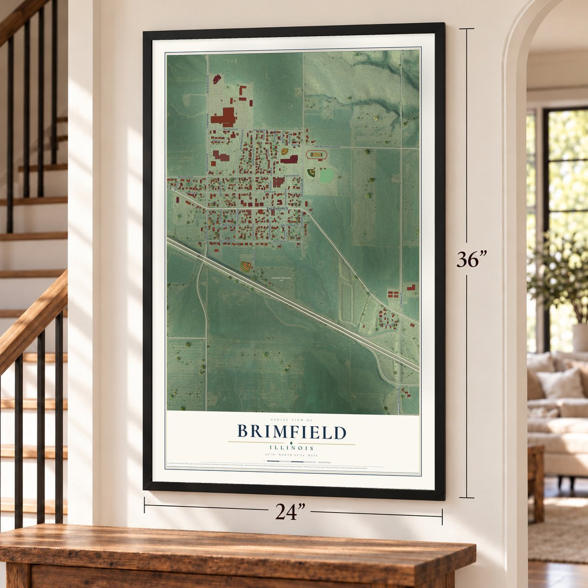 Brimfield, Illinois map, 24 x 36 inch print in a black frame by a staircase