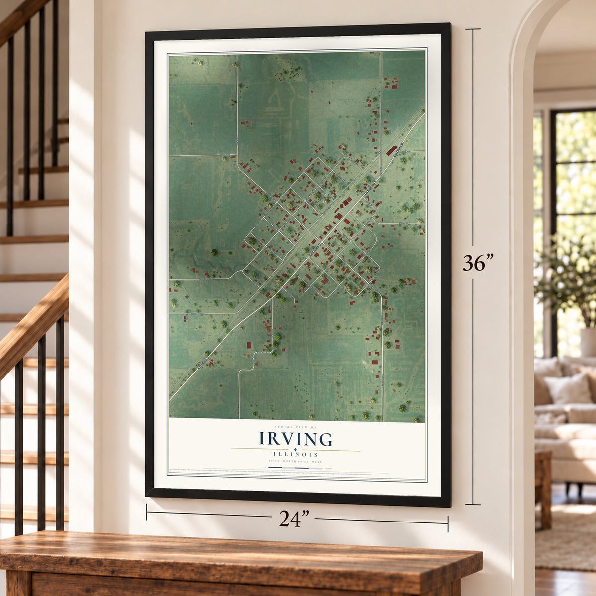 Irving, Illinois map, 24 x 36 inch print in a black frame by a staircase