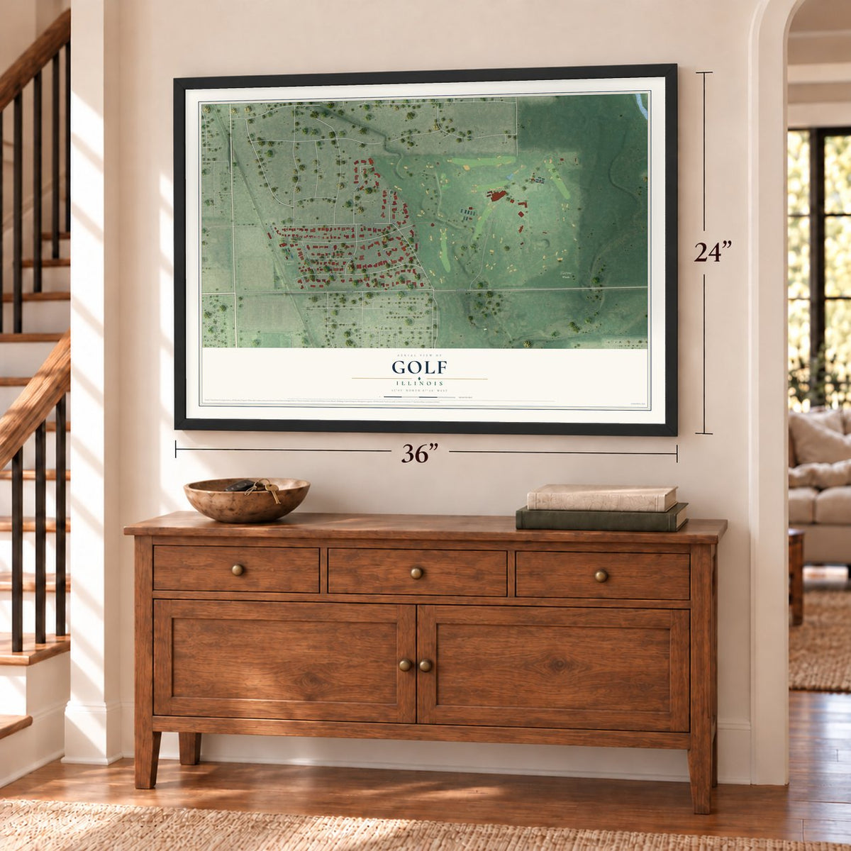 Golf, Illinois map, 24 x 36 inch print in a black frame above a dresser by a staircase