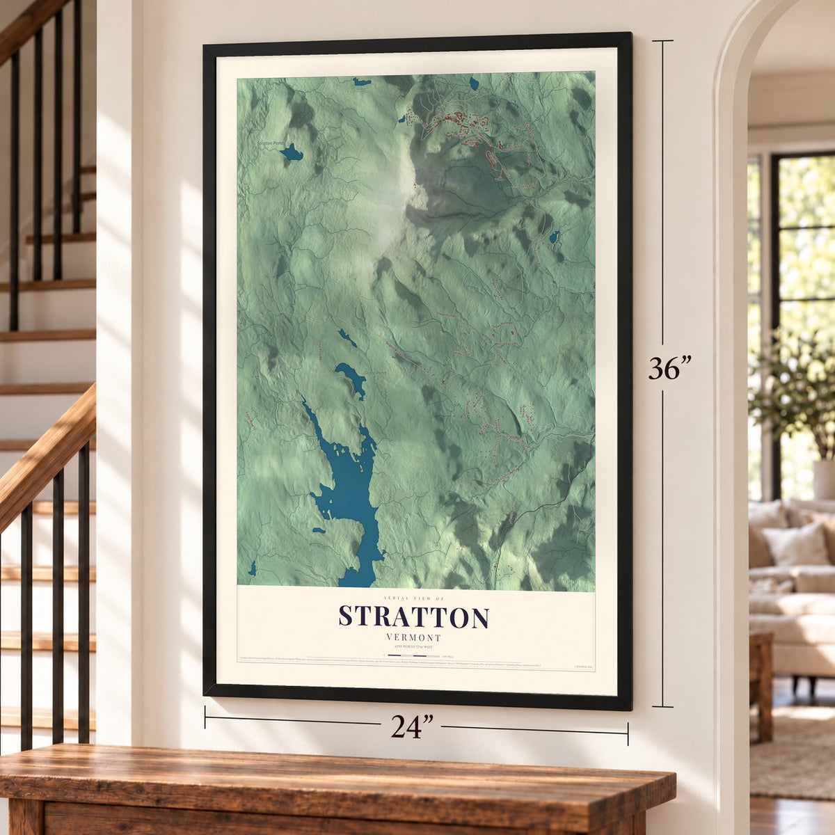 Stratton, Vermont map, 24 x 36 inch print in a black frame by a staircase