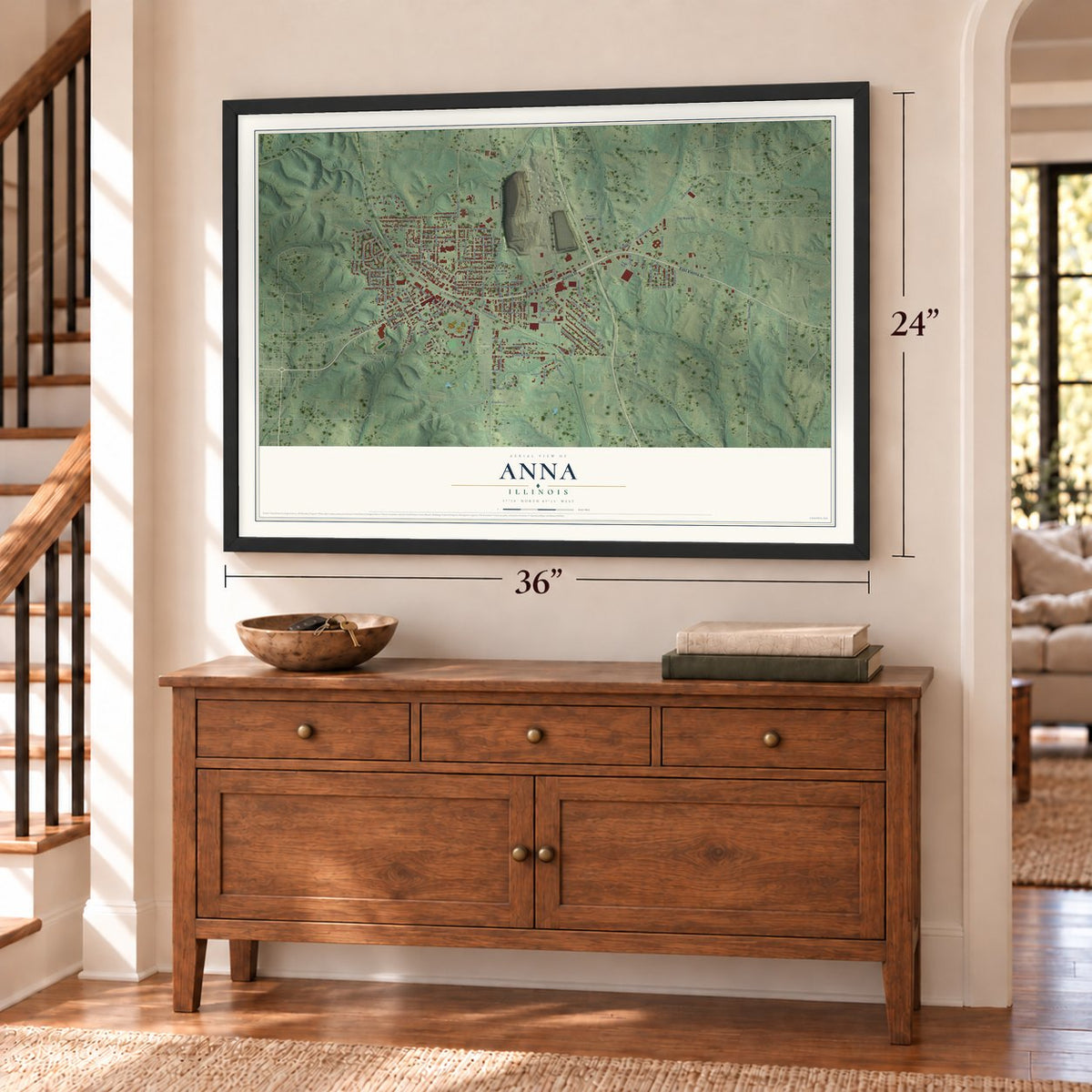 Anna, Illinois map, 24 x 36 inch print in a black frame above a dresser by a staircase