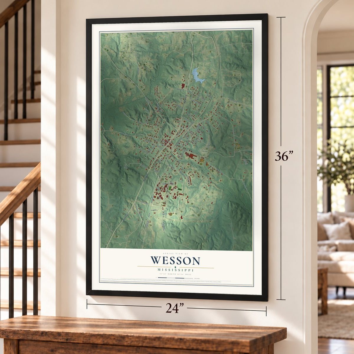 Wesson, Mississippi map, 24 x 36 inch print in a black frame by a staircase