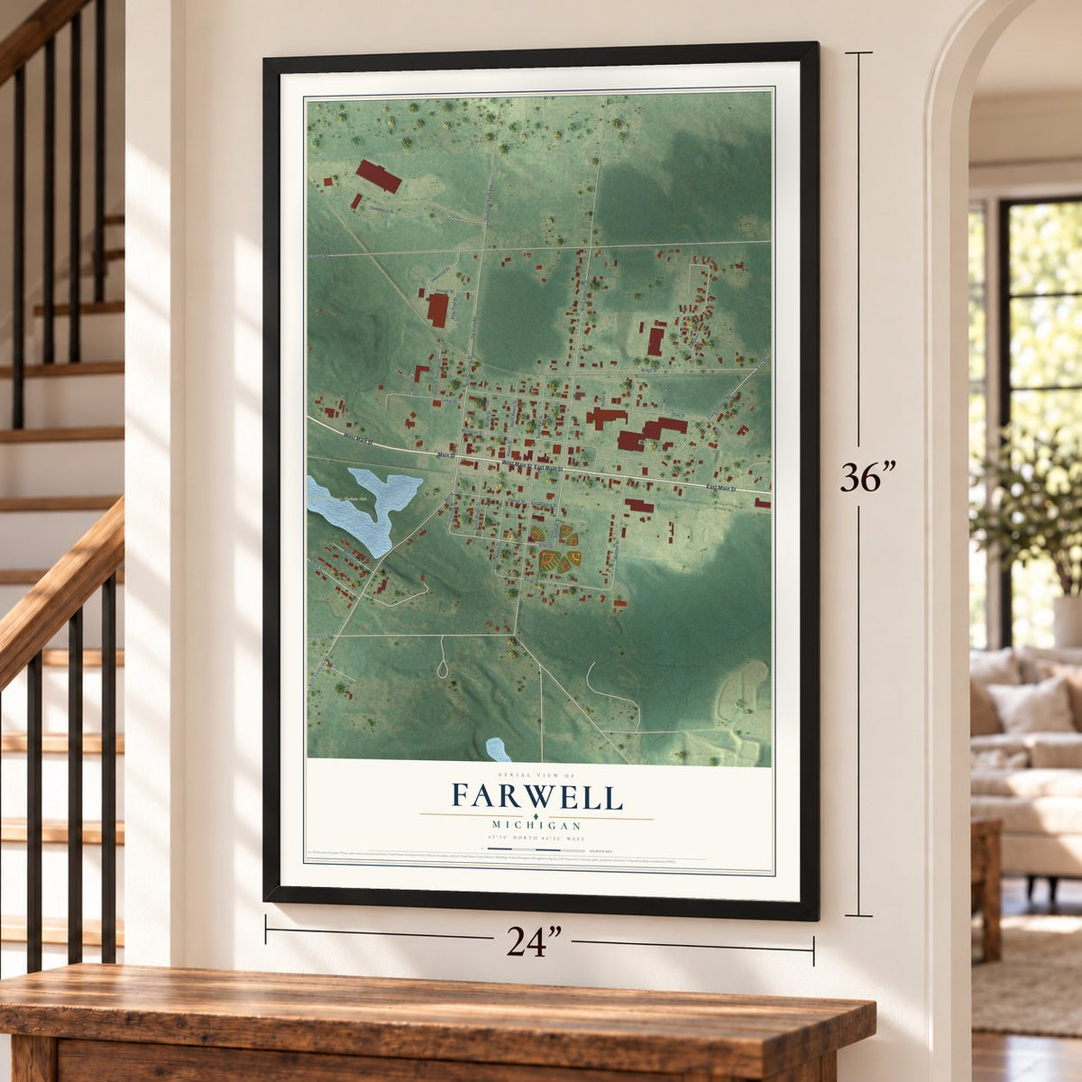 Farwell, Michigan map, 24 x 36 inch print in a black frame by a staircase