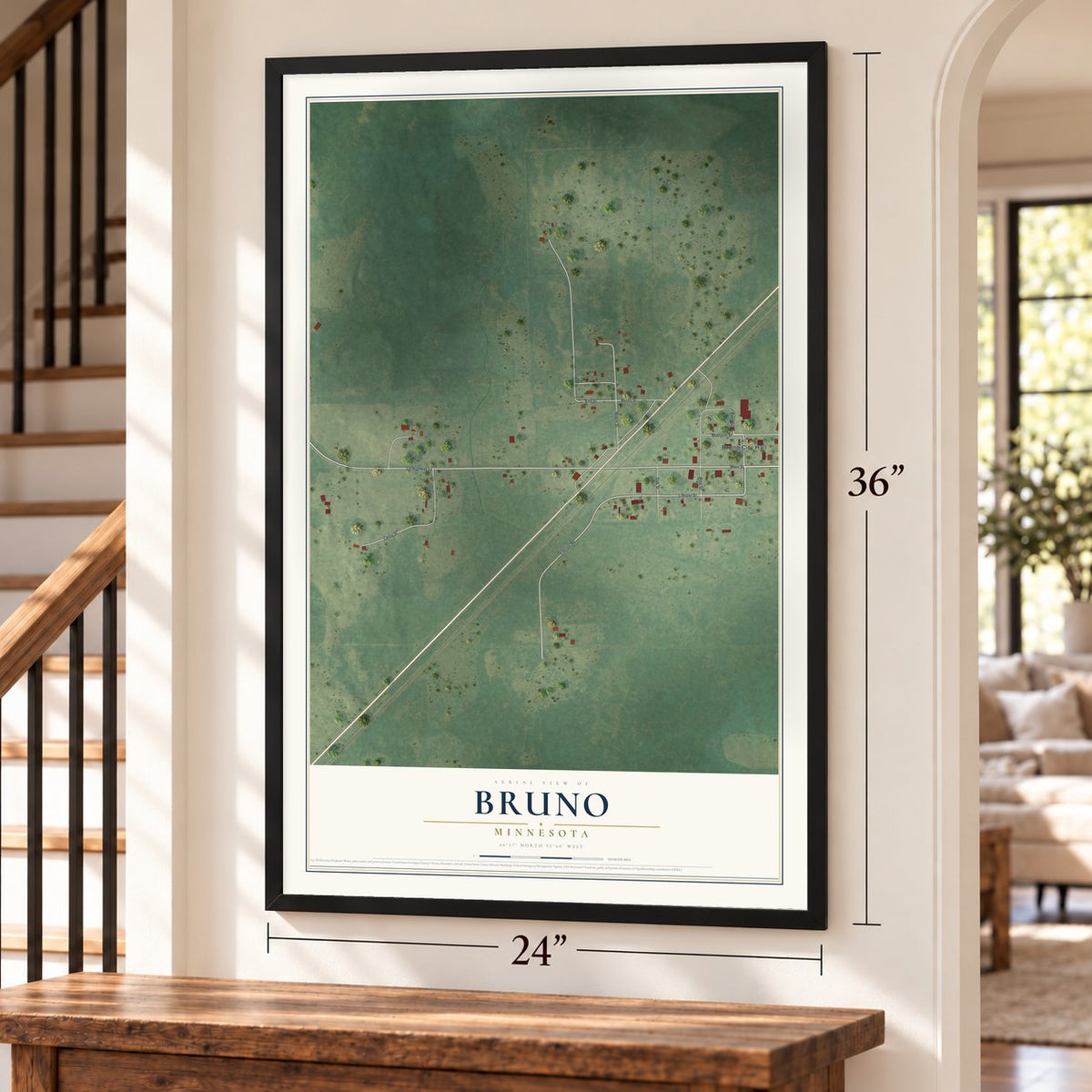 Bruno, Minnesota map, 24 x 36 inch print in a black frame by a staircase