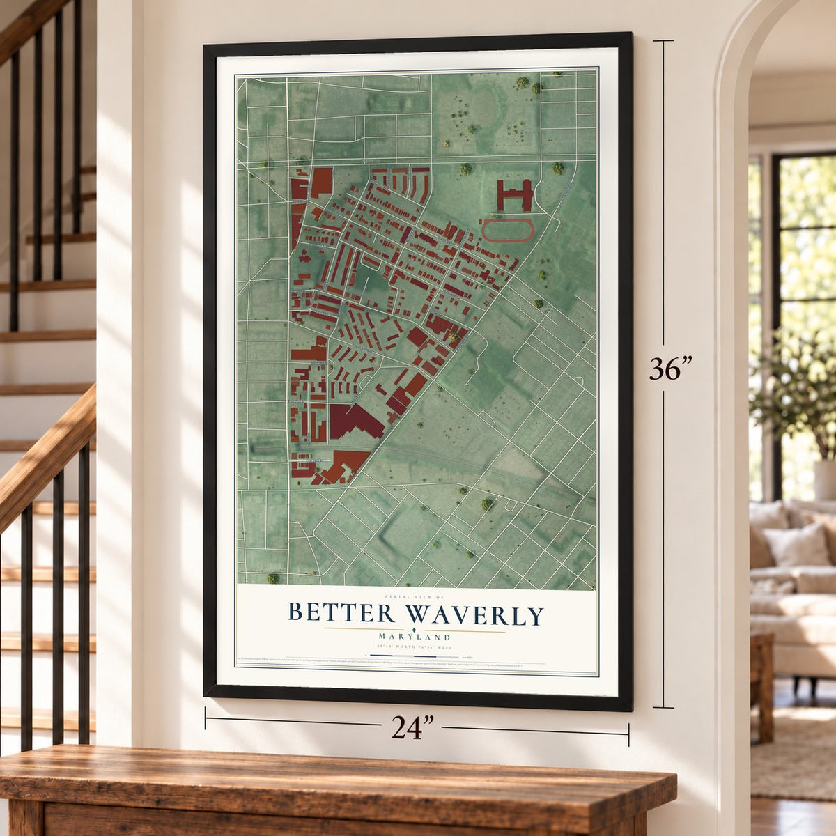 Better Waverly, Maryland map, 24 x 36 inch print in a black frame by a staircase