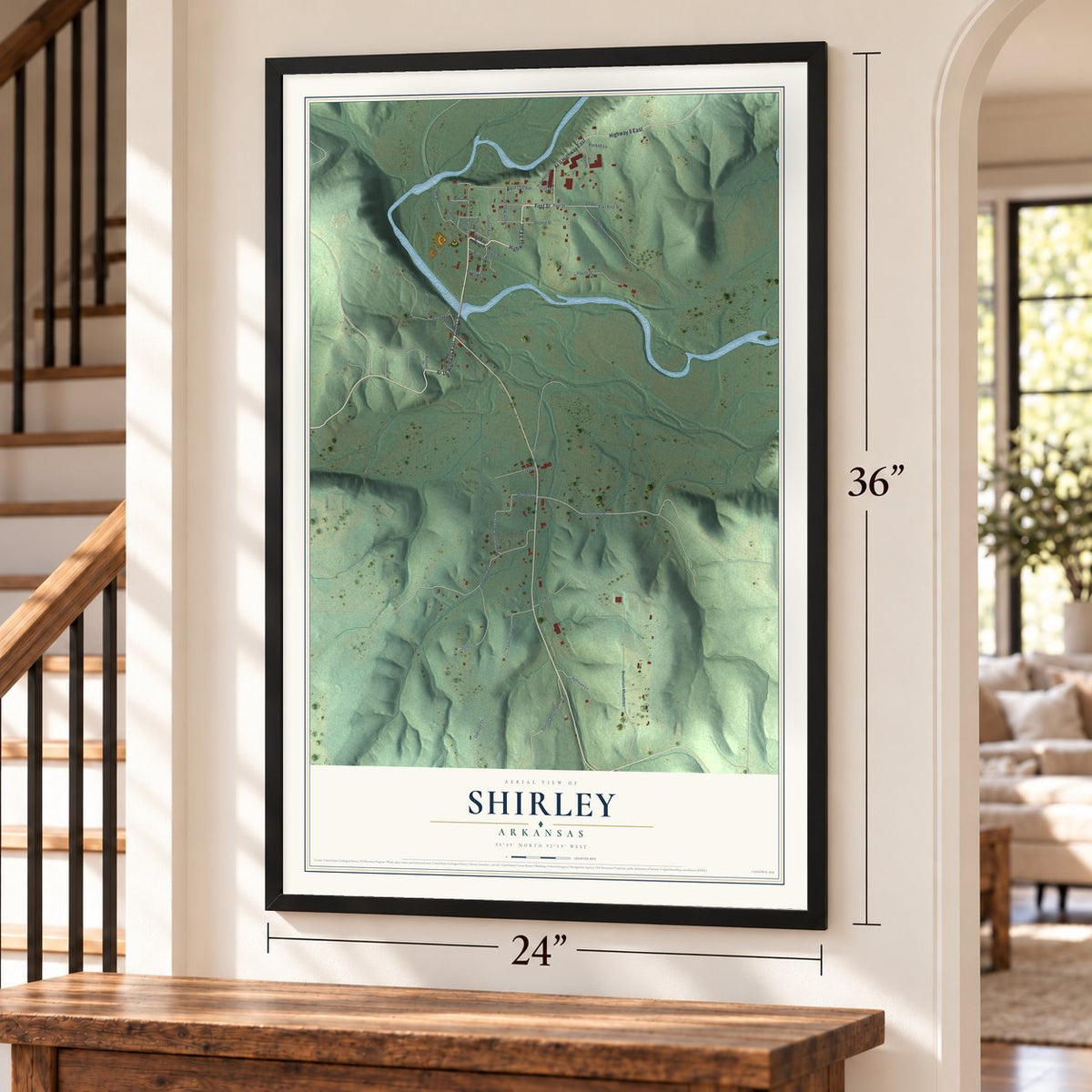 Shirley, Arkansas map, 24 x 36 inch print in a black frame by a staircase