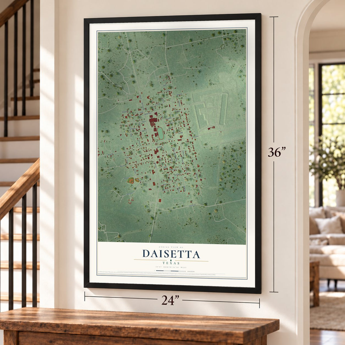 Daisetta, Texas map, 24 x 36 inch print in a black frame by a staircase