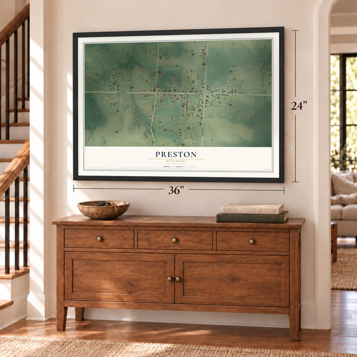 Preston, Missouri map, 24 x 36 inch print in a black frame above a dresser by a staircase