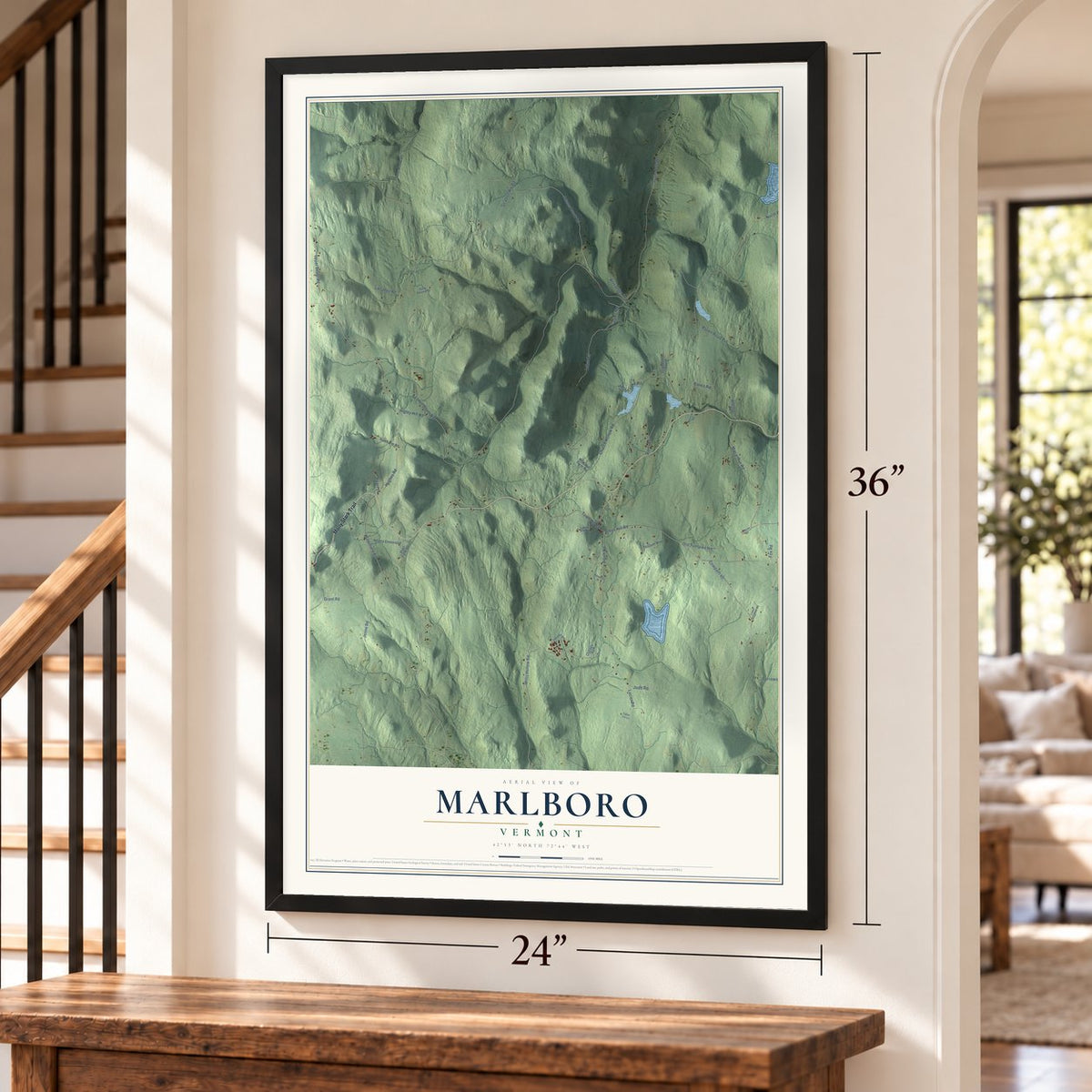 Marlboro, Vermont map, 24 x 36 inch print in a black frame by a staircase