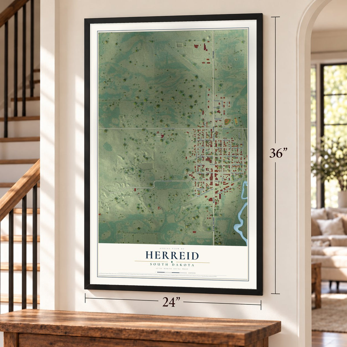 Herreid, South Dakota map, 24 x 36 inch print in a black frame by a staircase