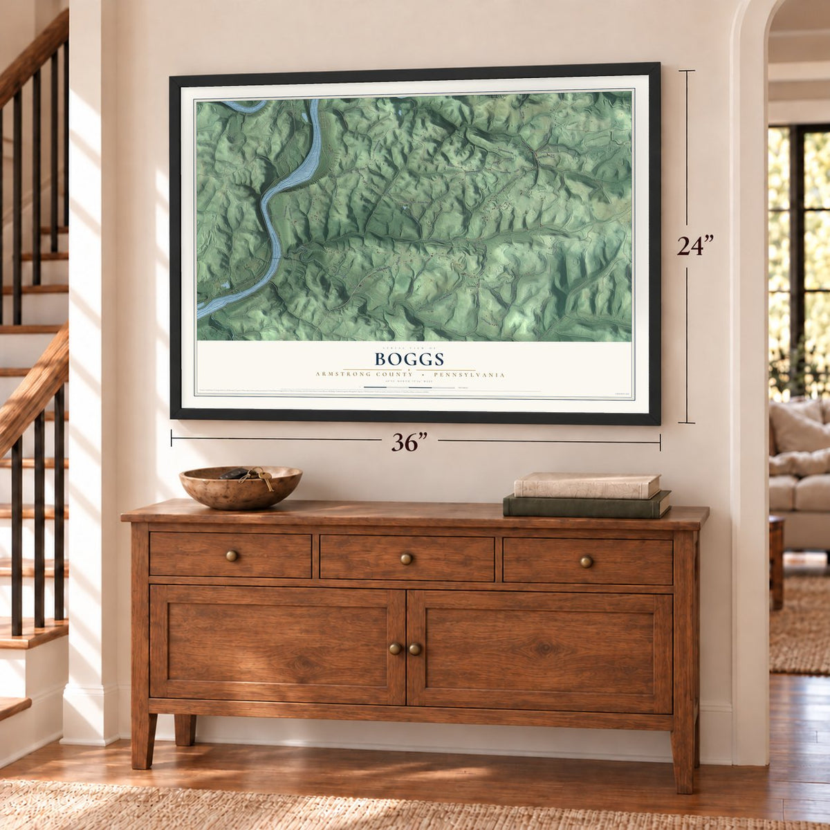 Boggs, Armstrong County, Pennsylvania map, 24 x 36 inch print in a black frame above a dresser by a staircase
