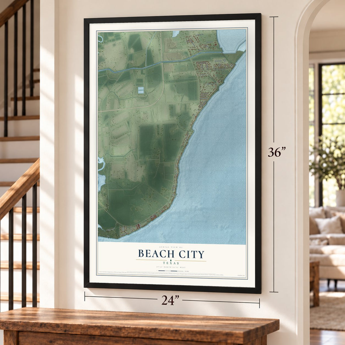 Beach City, Texas map, 24 x 36 inch print in a black frame by a staircase