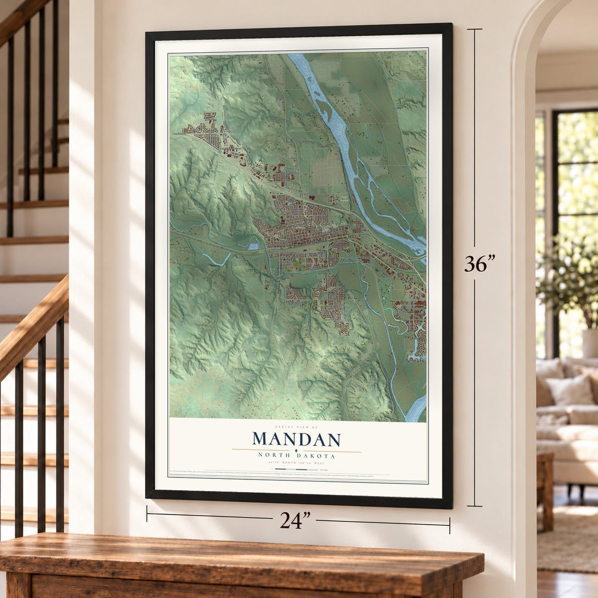Mandan, North Dakota map, 24 x 36 inch print in a black frame by a staircase