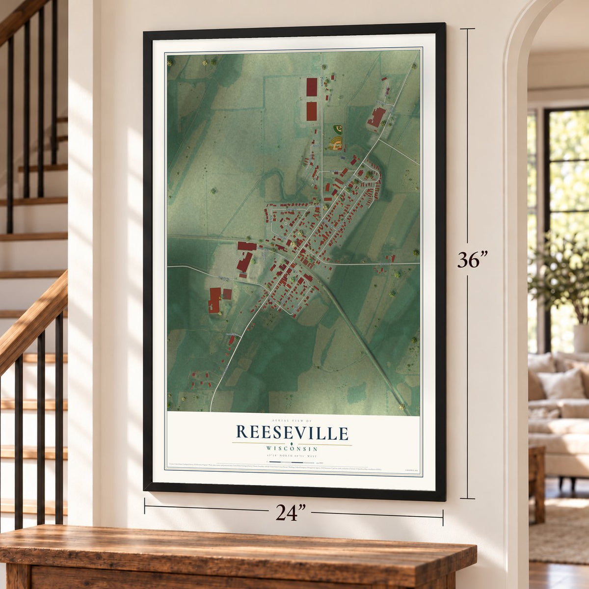 Reeseville, Wisconsin map, 24 x 36 inch print in a black frame by a staircase