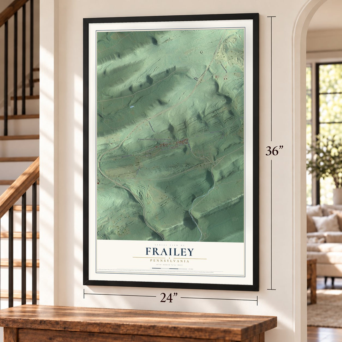 Frailey, Pennsylvania map, 24 x 36 inch print in a black frame by a staircase