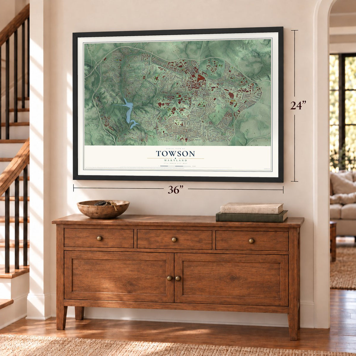 Towson, Maryland map, 24 x 36 inch print in a black frame above a dresser by a staircase