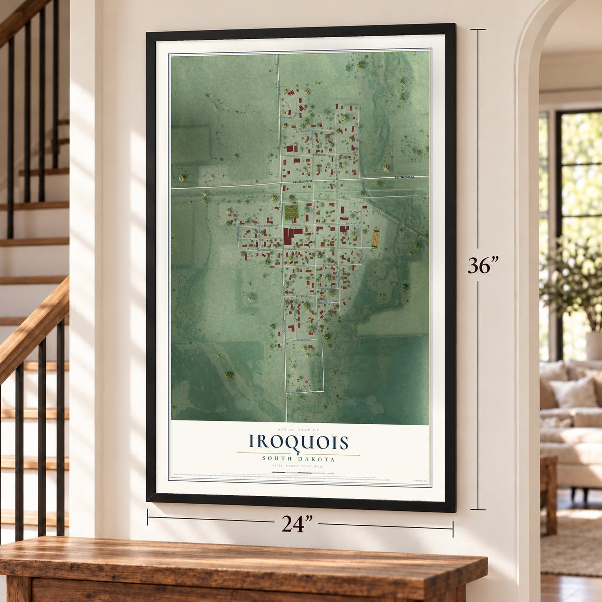 Iroquois, South Dakota map, 24 x 36 inch print in a black frame by a staircase