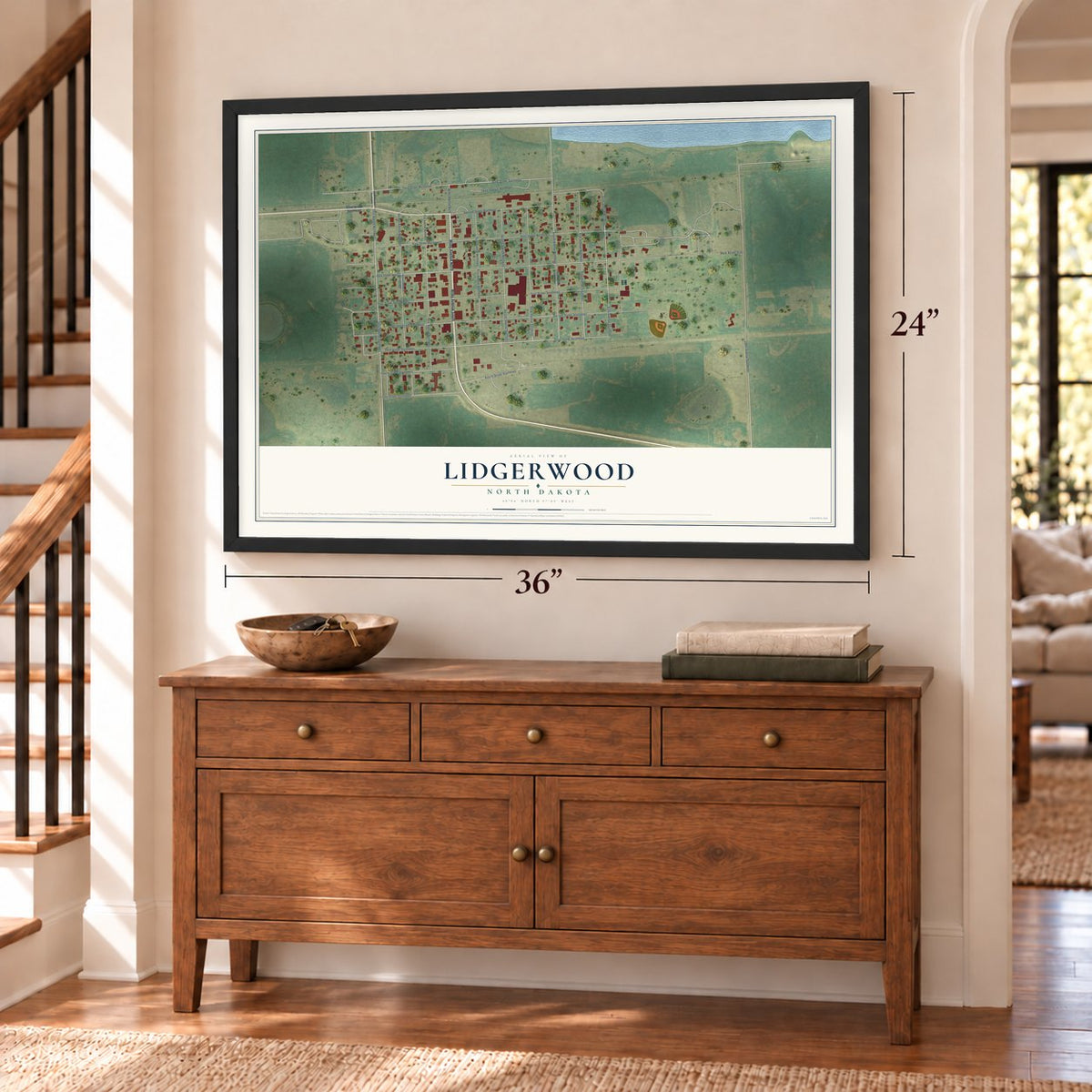 Lidgerwood, North Dakota map, 24 x 36 inch print in a black frame above a dresser by a staircase
