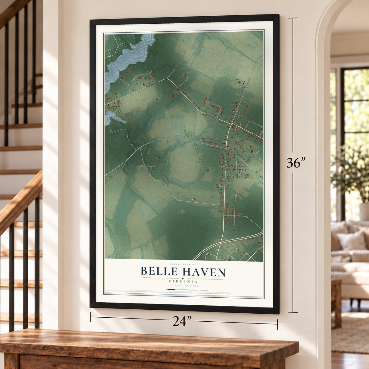 Belle Haven, Virginia map, 24 x 36 inch print in a black frame by a staircase