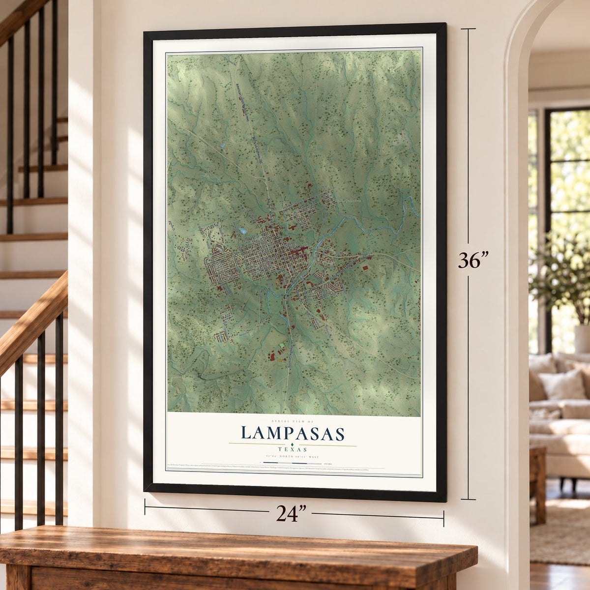 Lampasas, Texas map, 24 x 36 inch print in a black frame by a staircase