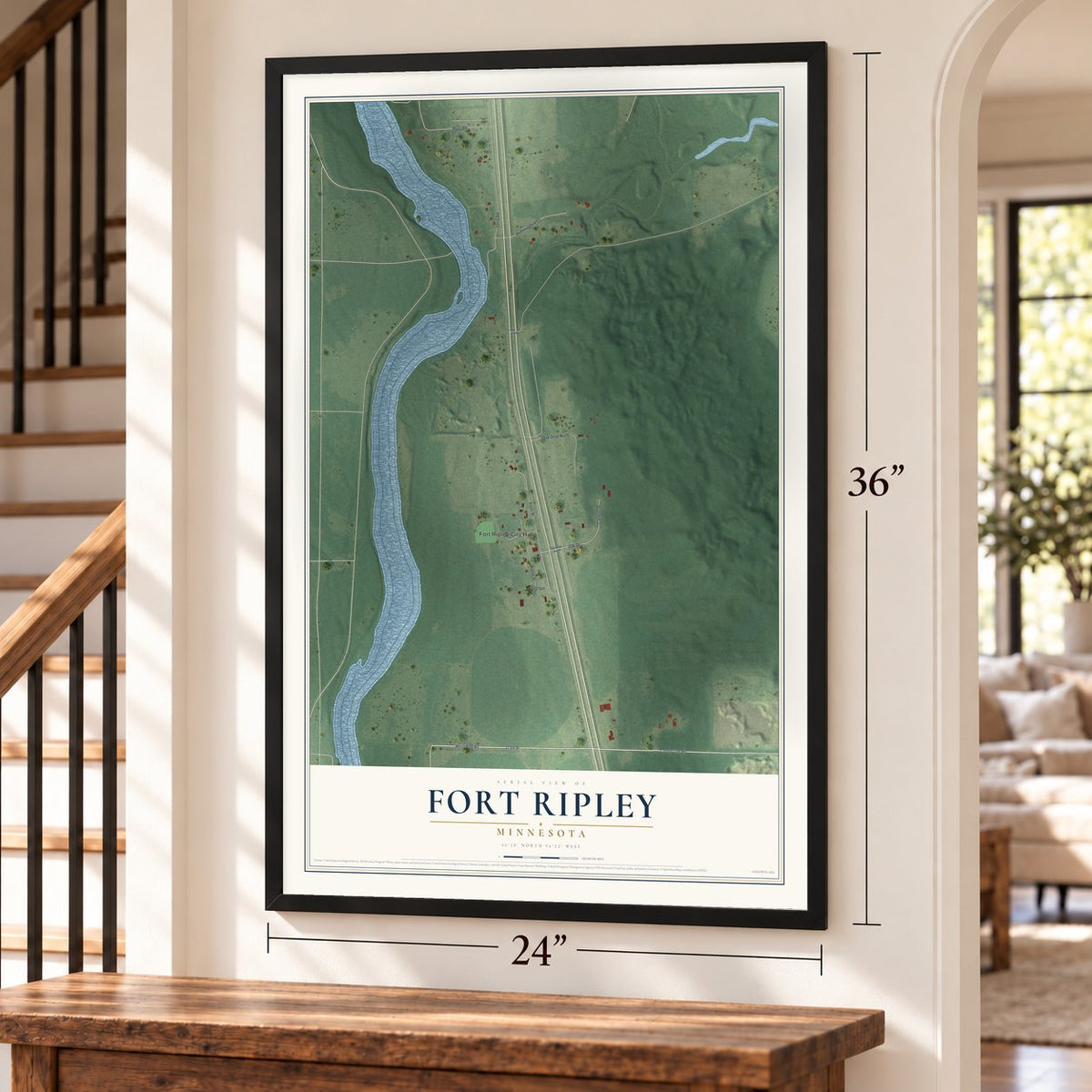 Fort Ripley, Minnesota map, 24 x 36 inch print in a black frame by a staircase