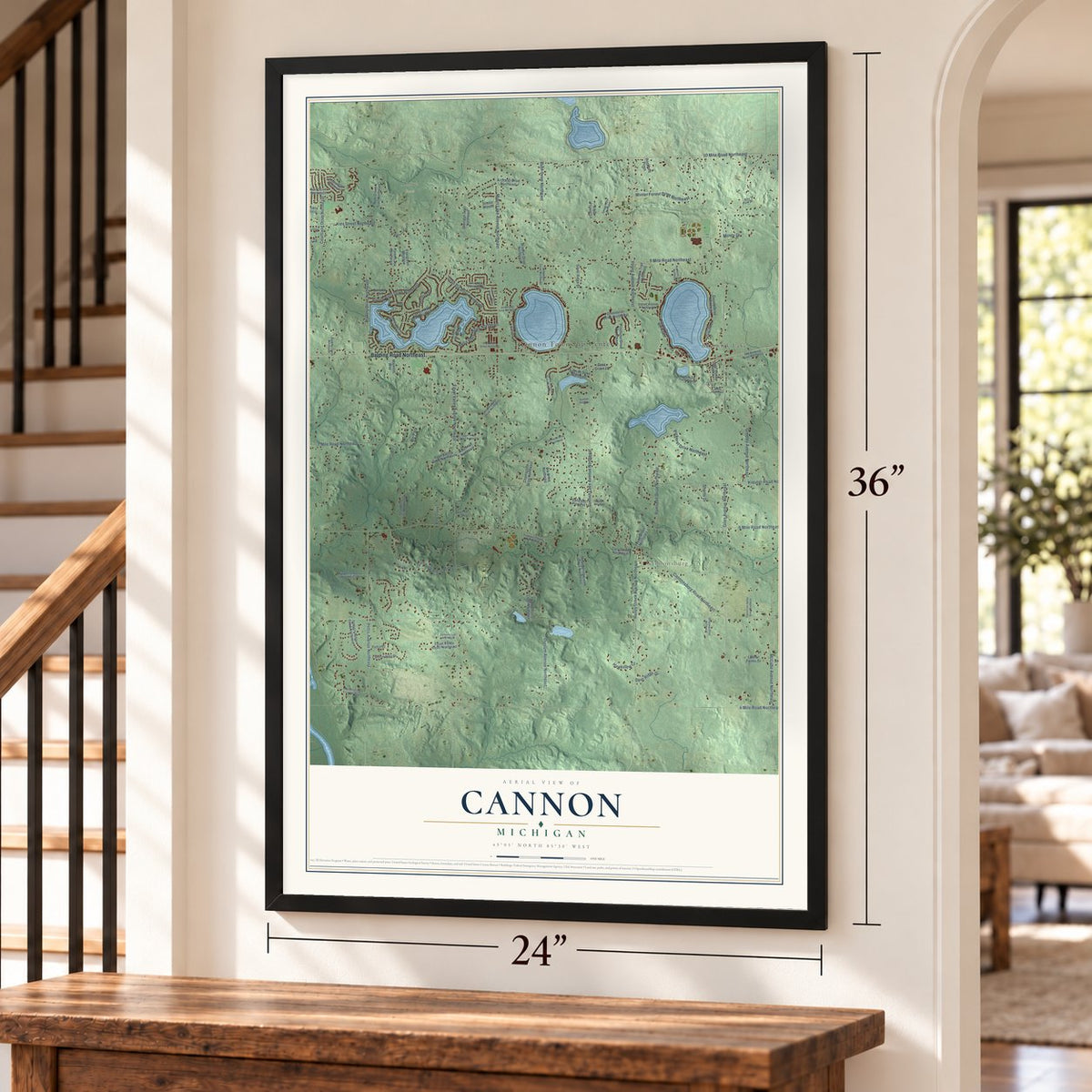 Cannon, Michigan map, 24 x 36 inch print in a black frame by a staircase