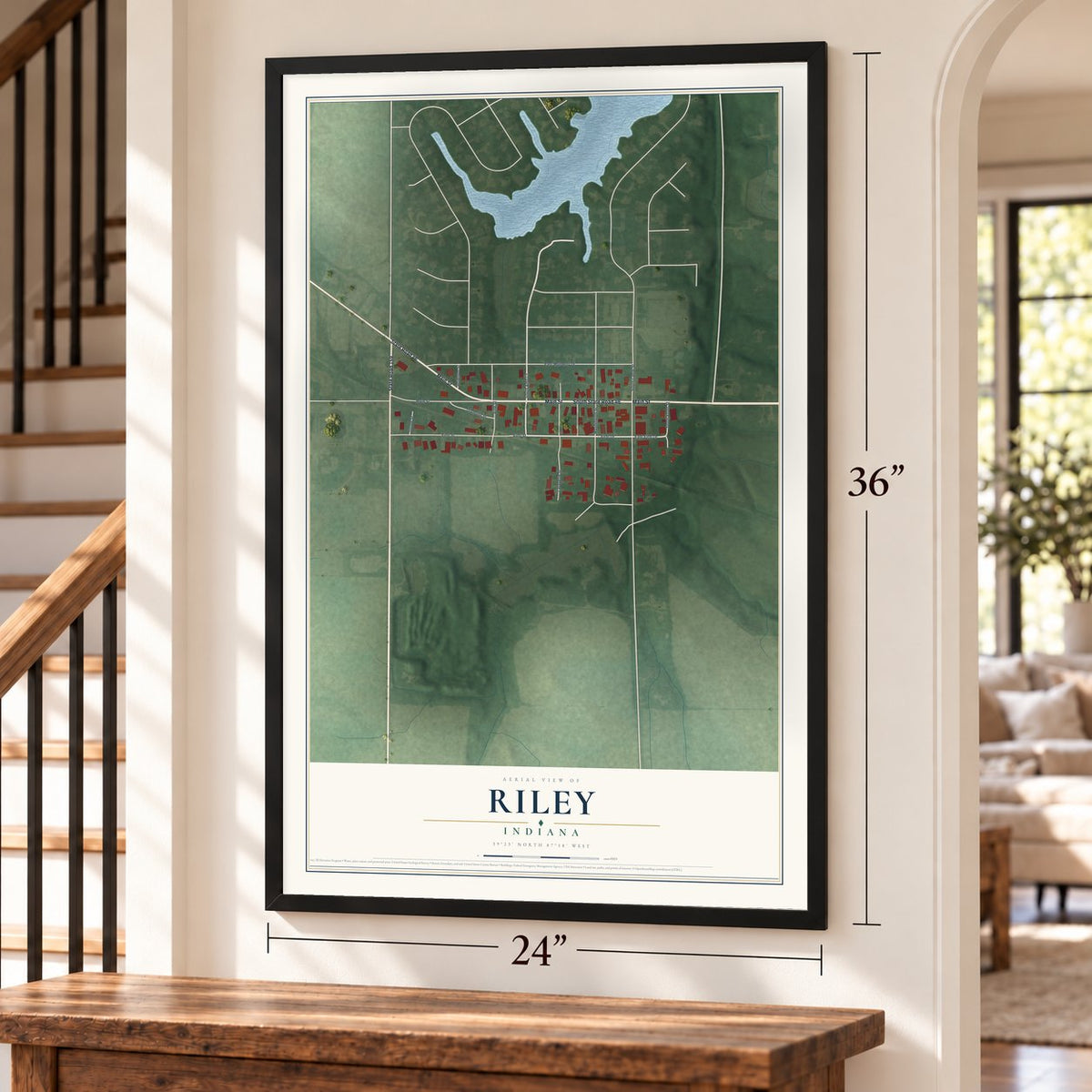Riley, Indiana map, 24 x 36 inch print in a black frame by a staircase