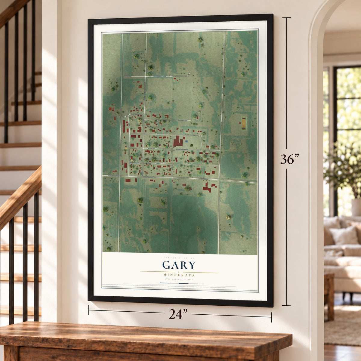 Gary, Minnesota map, 24 x 36 inch print in a black frame by a staircase