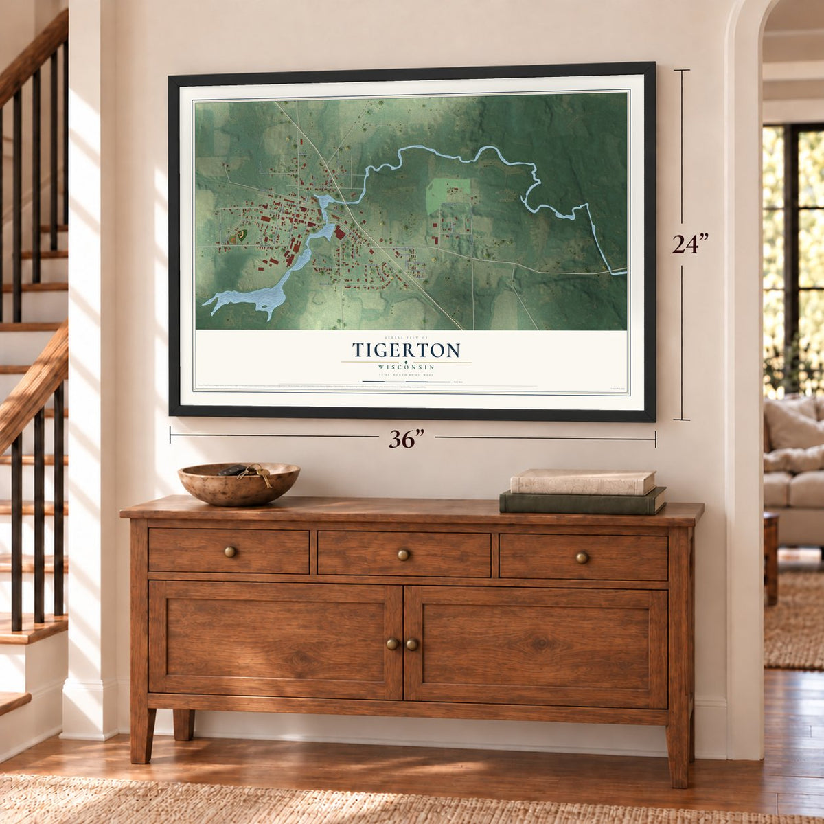 Tigerton, Wisconsin map, 24 x 36 inch print in a black frame above a dresser by a staircase