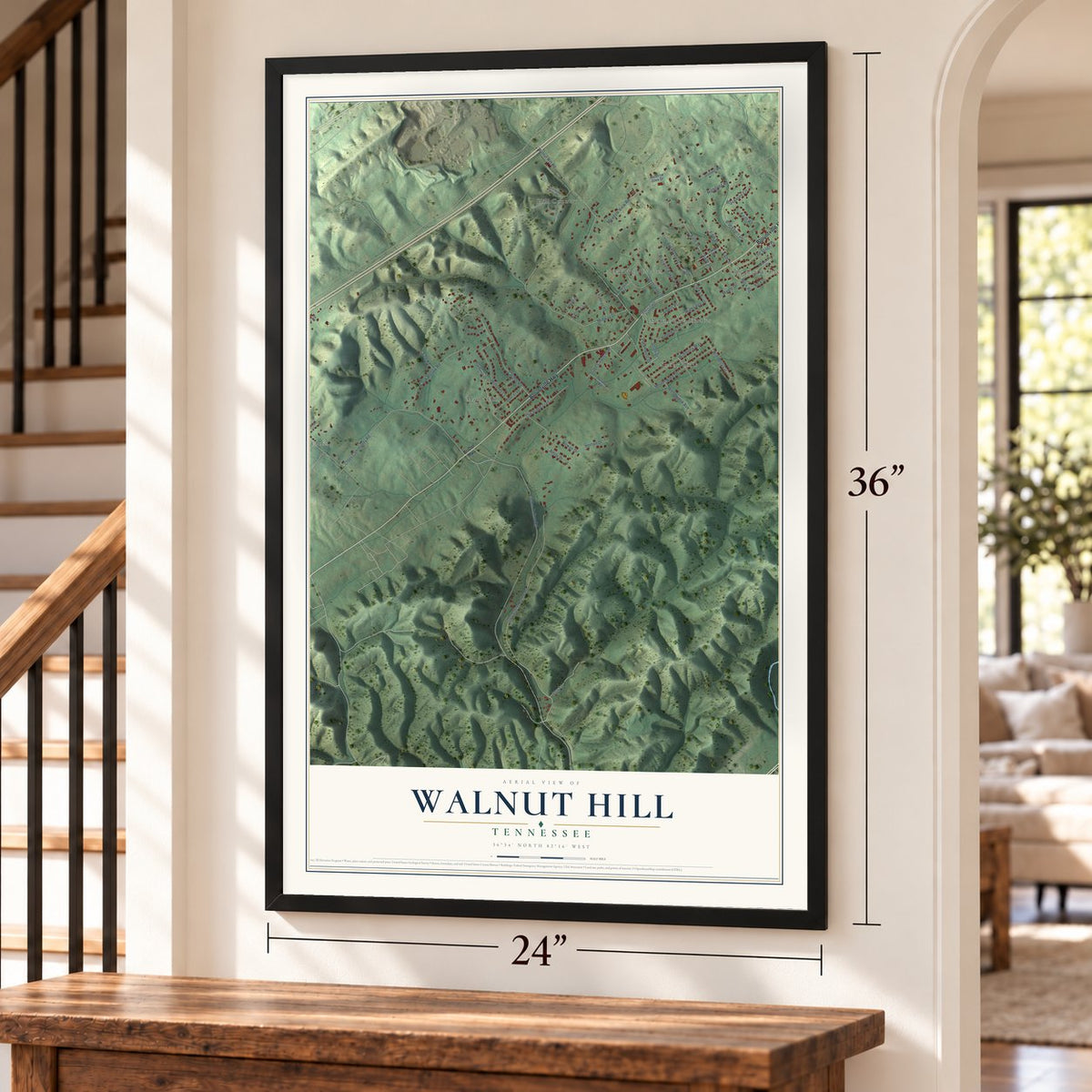 Walnut Hill, Tennessee map, 24 x 36 inch print in a black frame by a staircase