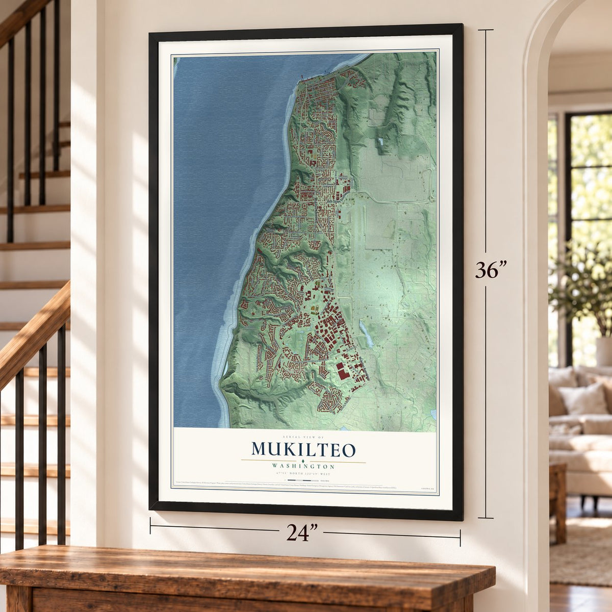 Mukilteo, Washington map, 24 x 36 inch print in a black frame by a staircase