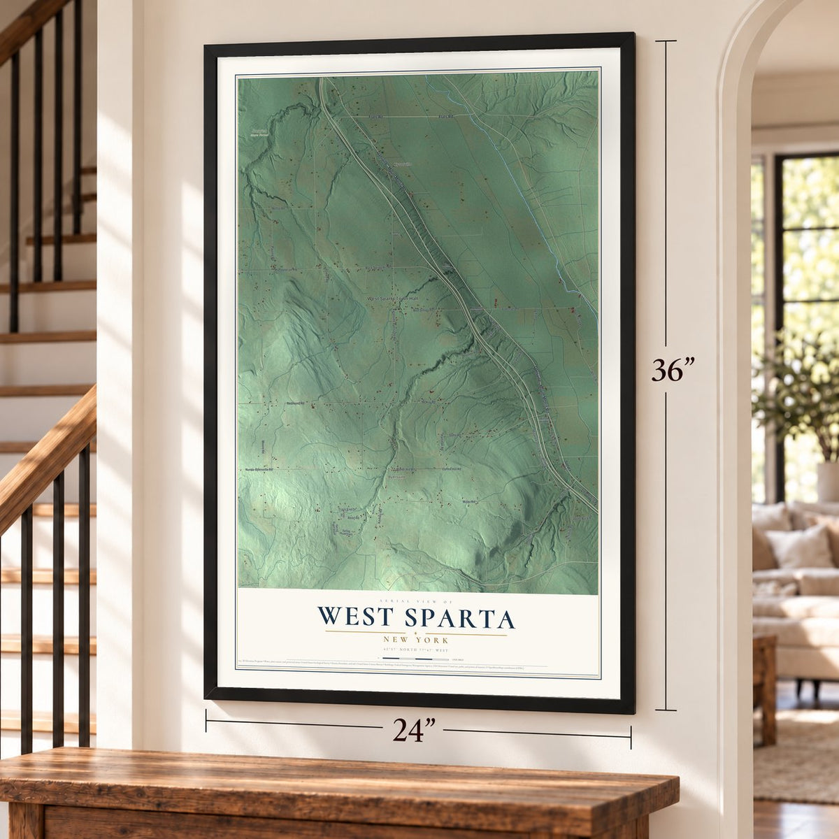 West Sparta, New York map, 24 x 36 inch print in a black frame by a staircase