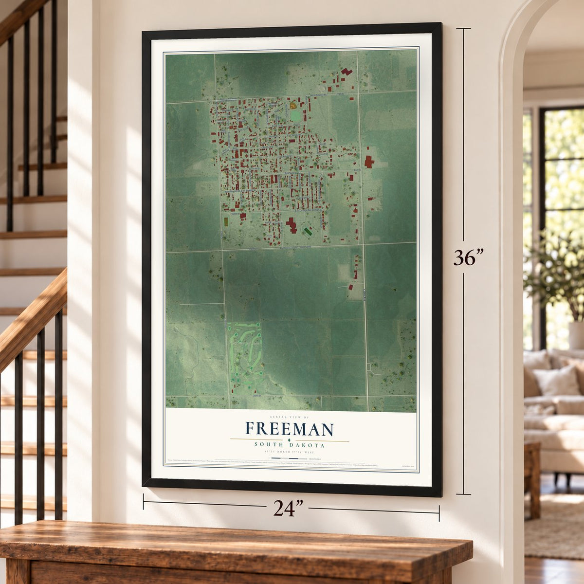 Freeman, South Dakota map, 24 x 36 inch print in a black frame by a staircase