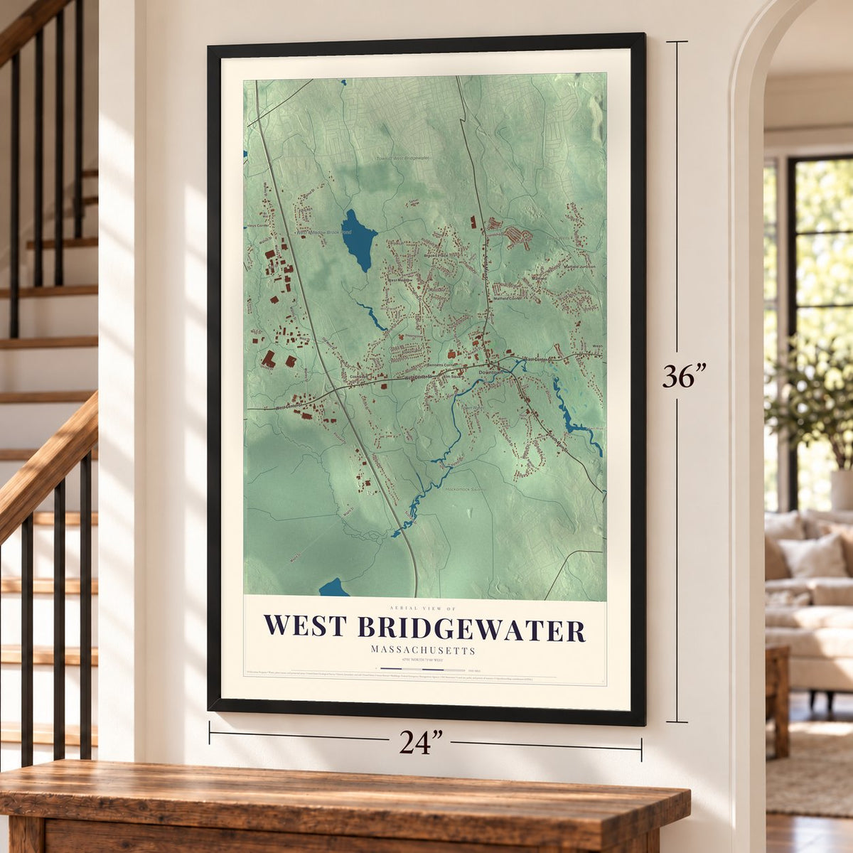 West Bridgewater, Massachusetts map, 24 x 36 inch print in a black frame by a staircase