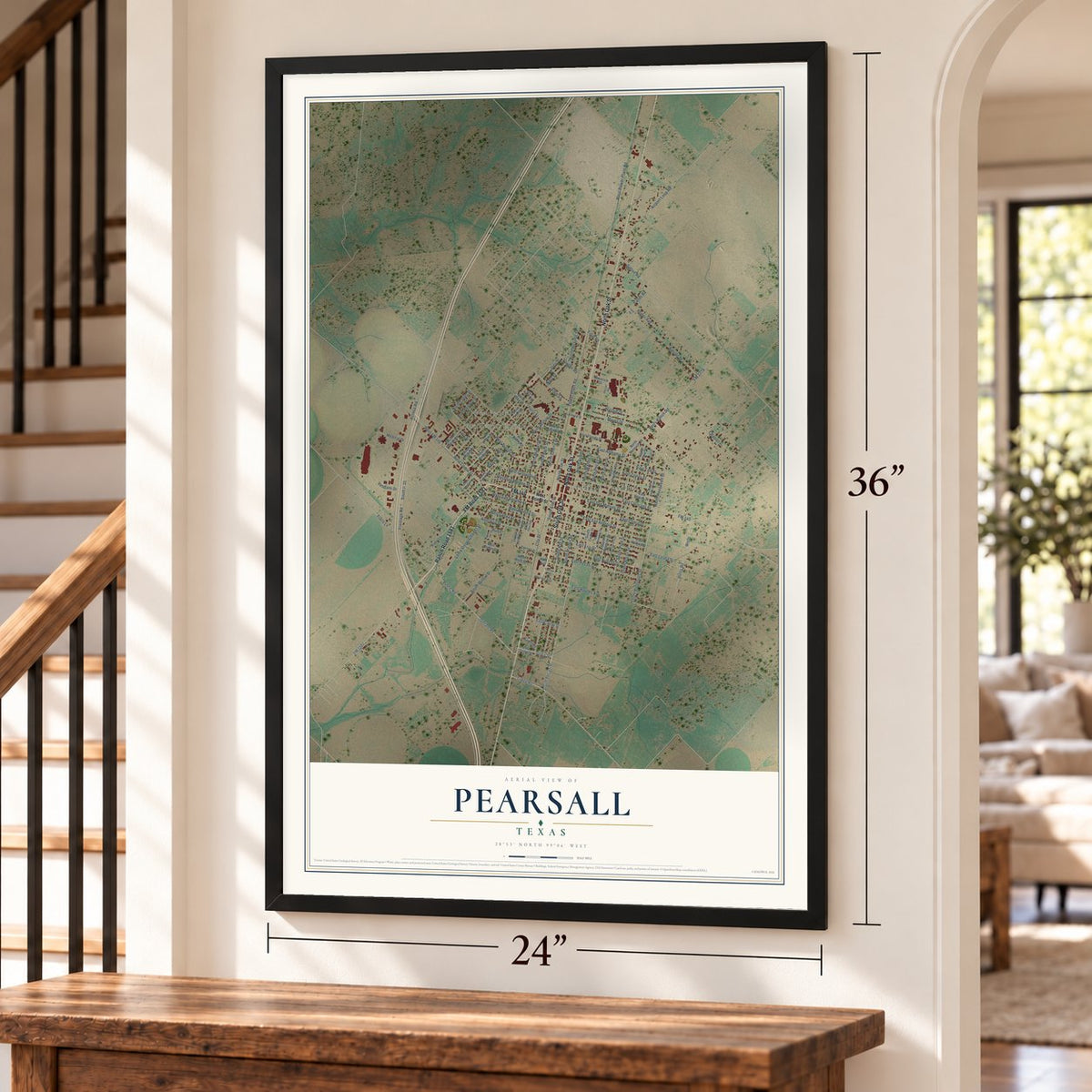 Pearsall, Texas map, 24 x 36 inch print in a black frame by a staircase