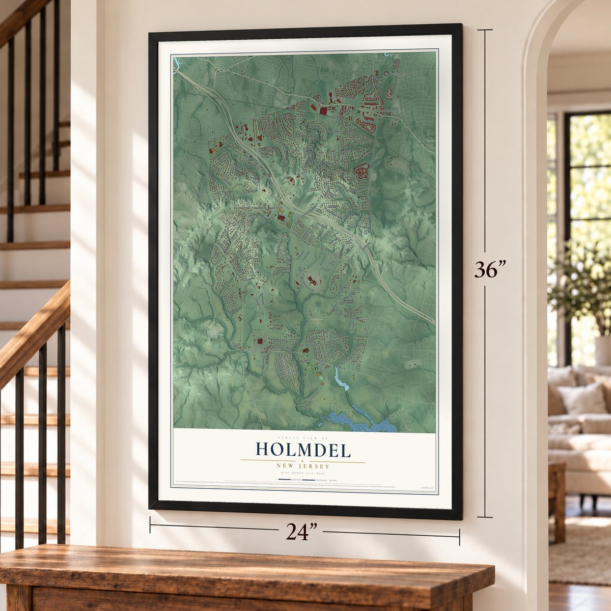 Holmdel, New Jersey map, 24 x 36 inch print in a black frame by a staircase